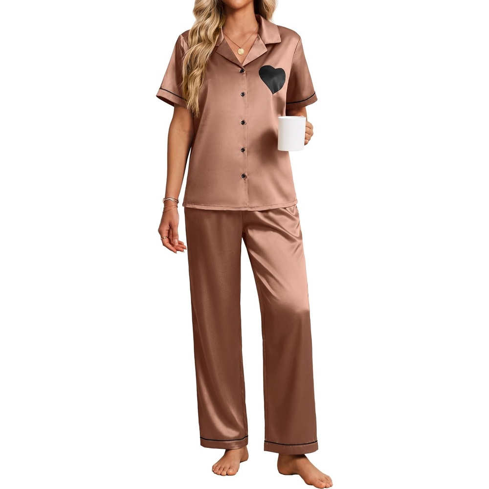 image:imageEkouaer Womens Silk Satin Pajama Set Short Sleeve Pjs Button Down SleepwearCaramel