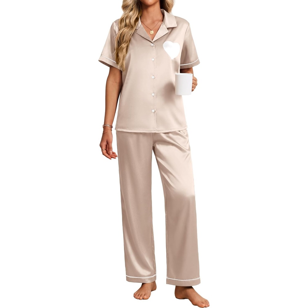 image:imageEkouaer Womens Silk Satin Pajama Set Short Sleeve Pjs Button Down SleepwearChampagne