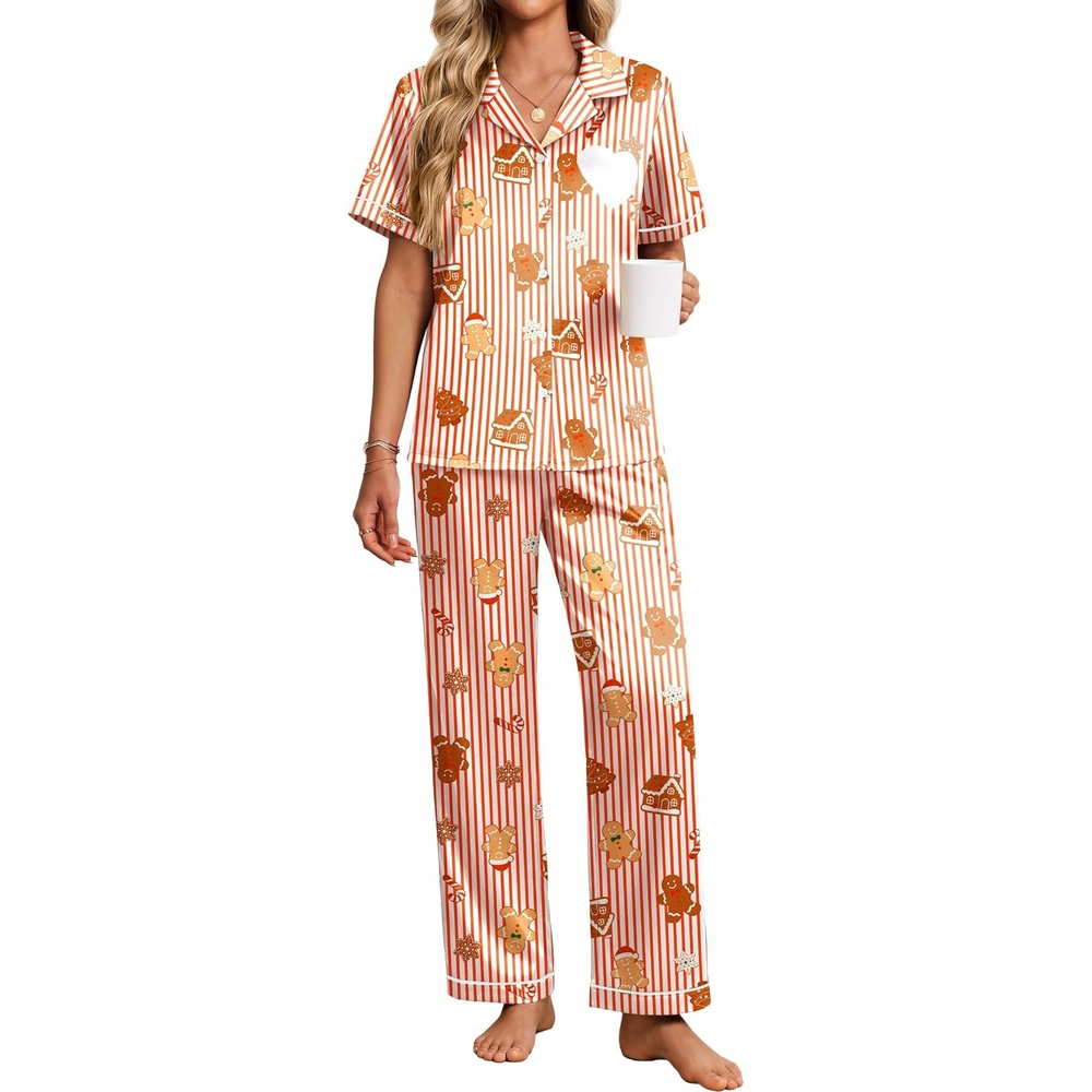 image:imageEkouaer Womens Silk Satin Pajama Set Short Sleeve Pjs Button Down SleepwearChristmas Red Stripe Gingerbread