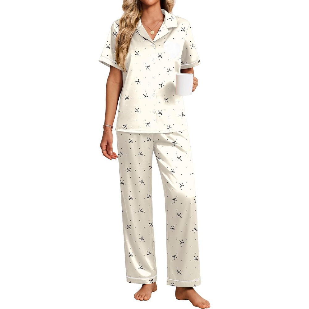 image:imageEkouaer Womens Silk Satin Pajama Set Short Sleeve Pjs Button Down SleepwearCream Black Bow Dots