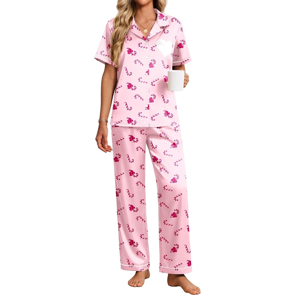 image:imageEkouaer Womens Silk Satin Pajama Set Short Sleeve Pjs Button Down SleepwearPink Christmas Candy Cane Print