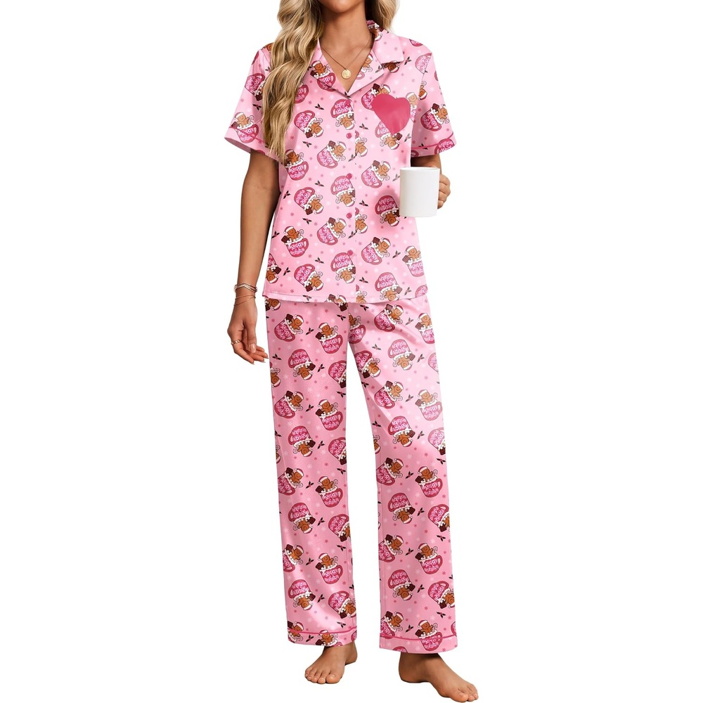 image:imageEkouaer Womens Silk Satin Pajama Set Short Sleeve Pjs Button Down SleepwearPink Christmas Gingerbread Print