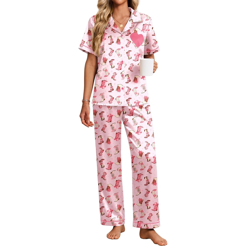 image:imageEkouaer Womens Silk Satin Pajama Set Short Sleeve Pjs Button Down SleepwearPink Cowgirl Print