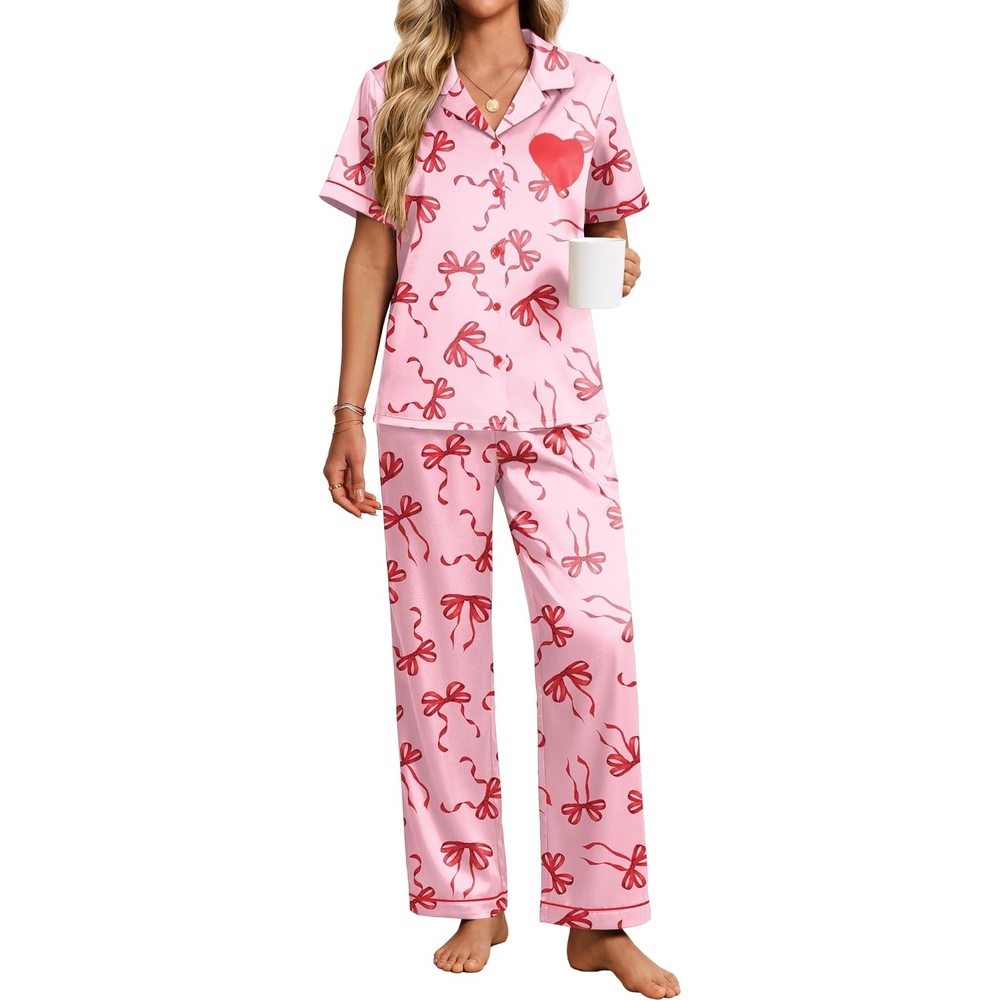 image:imageEkouaer Womens Silk Satin Pajama Set Short Sleeve Pjs Button Down SleepwearPinkred Bow