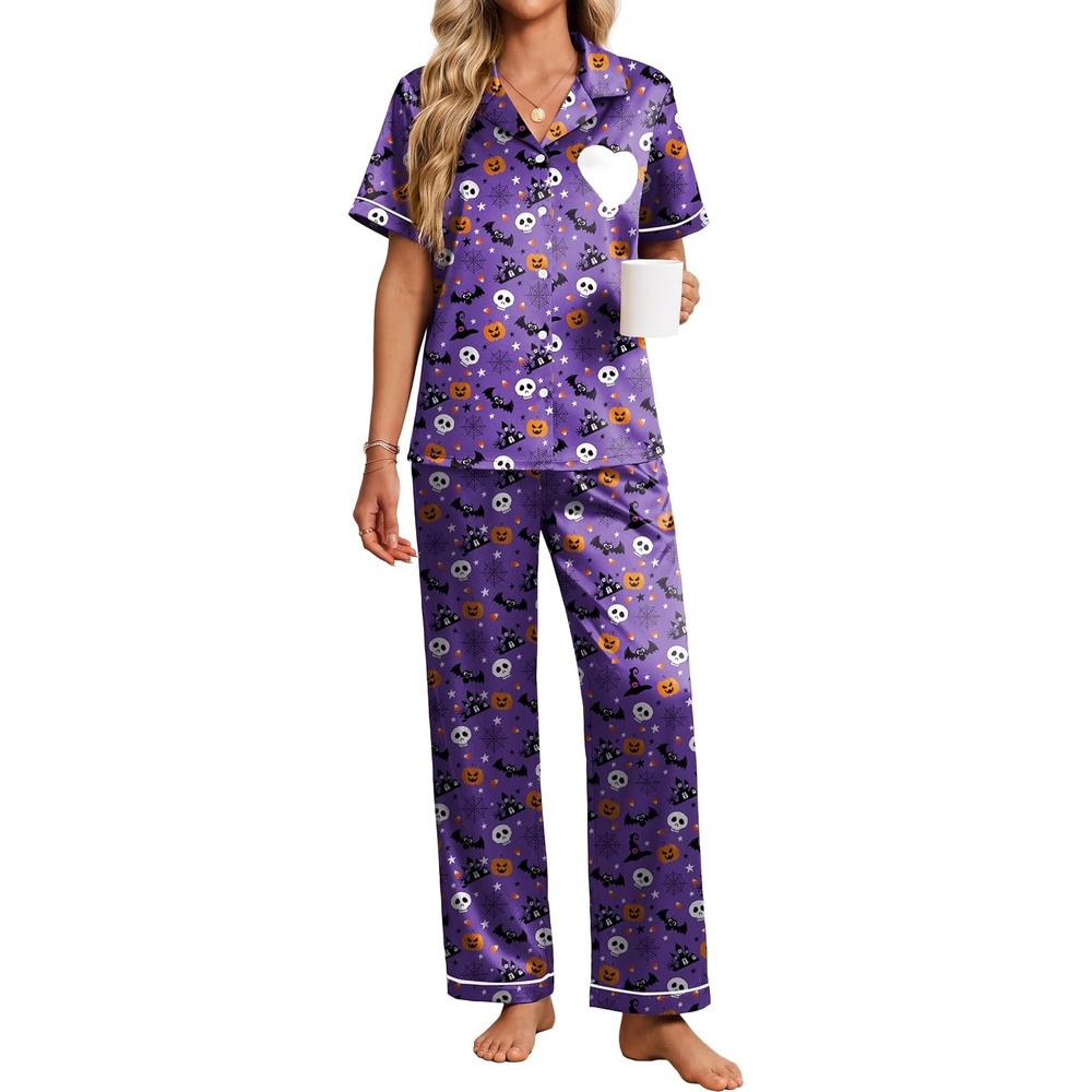 image:imageEkouaer Womens Silk Satin Pajama Set Short Sleeve Pjs Button Down SleepwearPurple Halloween Print