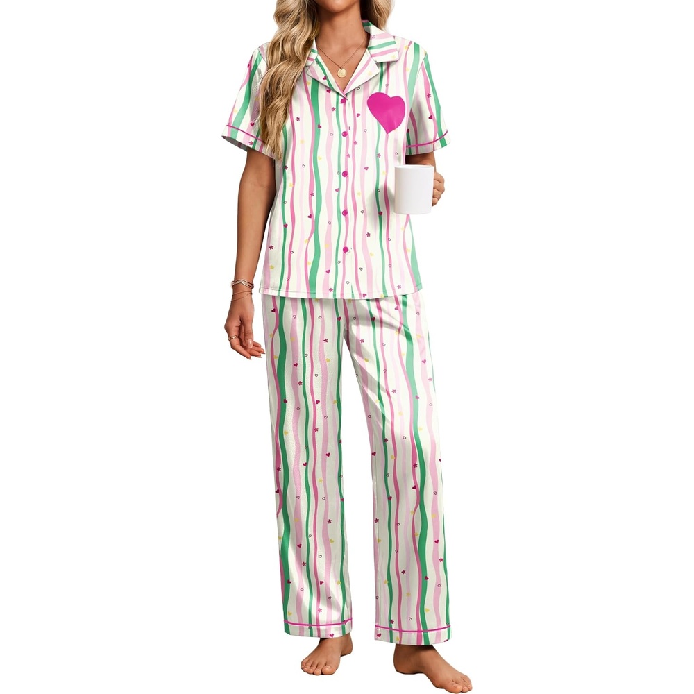 image:imageEkouaer Womens Silk Satin Pajama Set Short Sleeve Pjs Button Down SleepwearWavy Striped Heart Star