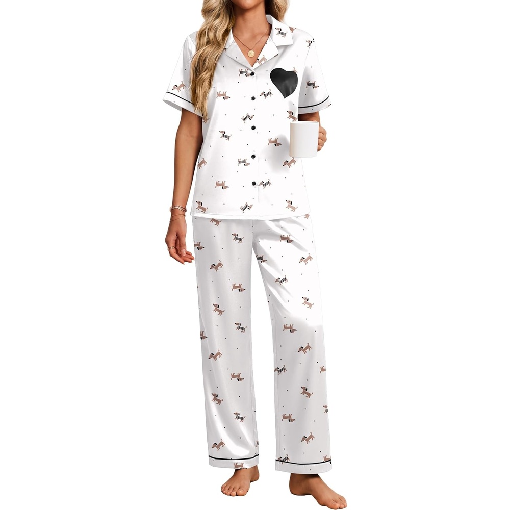 image:imageEkouaer Womens Silk Satin Pajama Set Short Sleeve Pjs Button Down SleepwearWiener Dog Heart Print
