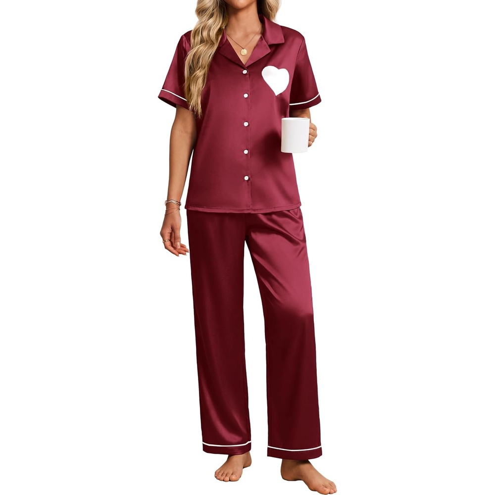 image:imageEkouaer Womens Silk Satin Pajama Set Short Sleeve Pjs Button Down SleepwearWine Red