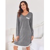 Ekouaer Womens Long Sleeve Nightgowns V Neck Sleepshirts Lace Nightshirts(Medium Grey)