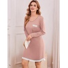 Ekouaer Womens Long Sleeve Nightgowns V Neck Sleepshirts Lace Nightshirts(Pink)