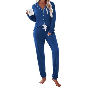 Ekouaer Pajamas Set Long Sleeve Sleepwear Womens Button Down Soft Pjs(Blue)