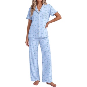 Ekouaer Pajamas for Women Set Button Up Soft Pjs Short Sleeve Lounge Sets(Blue Stripes Bow)