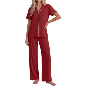 Ekouaer Pajamas for Women Set Button Up Soft Pjs Short Sleeve Lounge Sets(Burgundy)