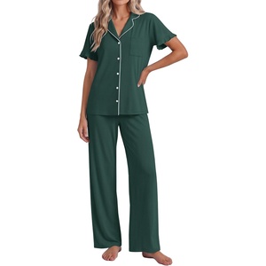 Ekouaer Pajamas for Women Set Button Up Soft Pjs Short Sleeve Lounge Sets(Dark Green)