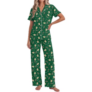 Ekouaer Pajamas for Women Set Button Up Soft Pjs Short Sleeve Lounge Sets(Green Gingerbread)