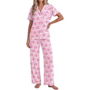 Ekouaer Pajamas for Women Set Button Up Soft Pjs Short Sleeve Lounge Sets(Pink Santa)