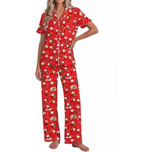 Ekouaer Pajamas for Women Set Button Up Soft Pjs Short Sleeve Lounge Sets(Red Santa)