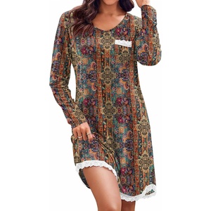 Ekouaer Womens Long Sleeve Nightgowns V Neck Sleepshirts Lace Nightshirts(Bohemian)