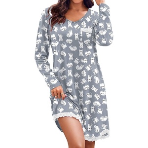 Ekouaer Womens Long Sleeve Nightgowns V Neck Sleepshirts Lace Nightshirts(Cat Print)