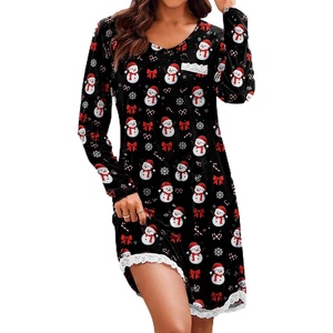 Ekouaer Womens Long Sleeve Nightgowns V Neck Sleepshirts Lace Nightshirts(Christmas Print)