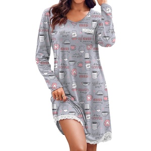 Ekouaer Womens Long Sleeve Nightgowns V Neck Sleepshirts Lace Nightshirts(Coffee Cup Print)