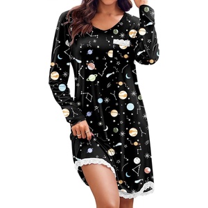 Ekouaer Womens Long Sleeve Nightgowns V Neck Sleepshirts Lace Nightshirts(Constellation)