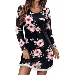 Ekouaer Womens Long Sleeve Nightgowns V Neck Sleepshirts Lace Nightshirts(Peach Pink Flowers)