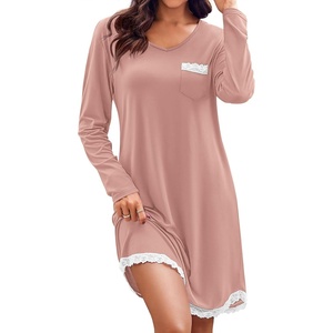 Ekouaer Womens Long Sleeve Nightgowns V Neck Sleepshirts Lace Nightshirts(Pink)