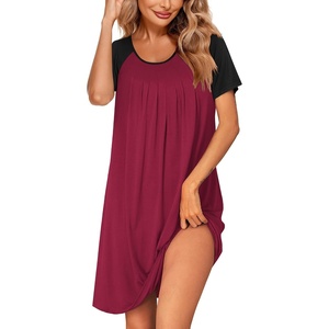Ekouaer Womens Nightgown Short Sleeve Sleepwear Soft Pleated Sleepshirt(Wine Red)
